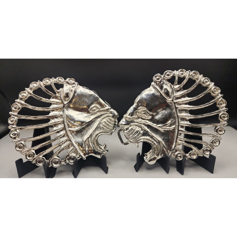 Vintage MMOA Silver Tone Lion Head Interlocking Belt Buckle Set Roaring Lion